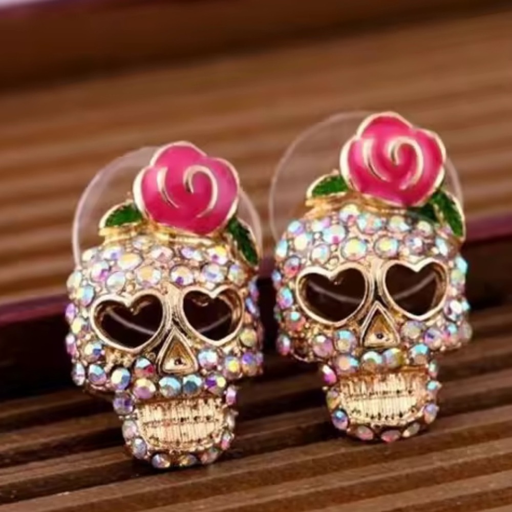 Halloween Skeleton Gold Crystal Earrings - Picture 7 of 13